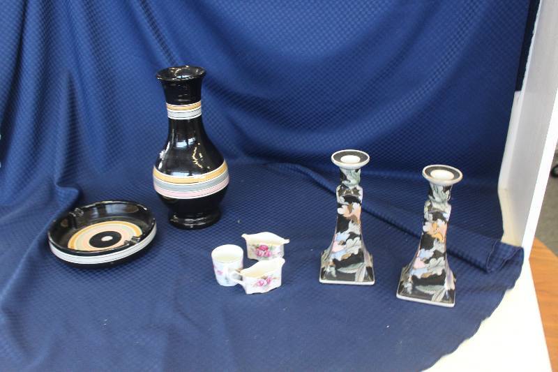 Vintage 2 piece pottery ashtray and vase. 2 Japanese candlesticks. 3 pieces of porcelain.