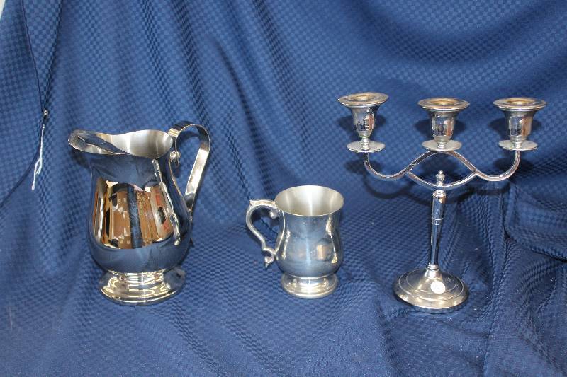 Silver plate water pitcher, candelabra, and pewter mug