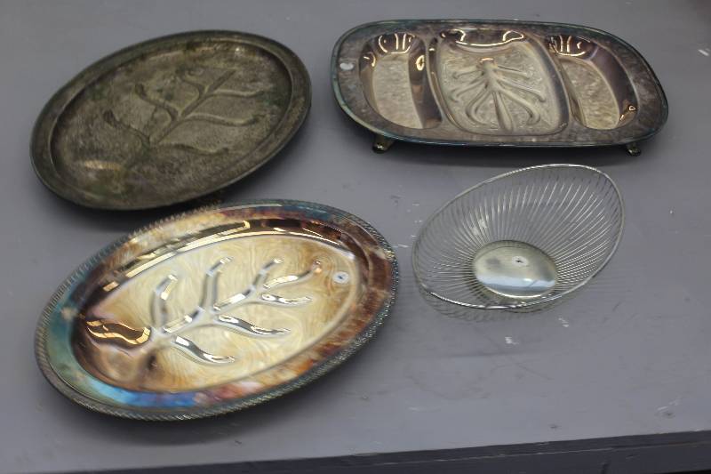 3 silver plate serving platters, 1 silver plate and bread basket