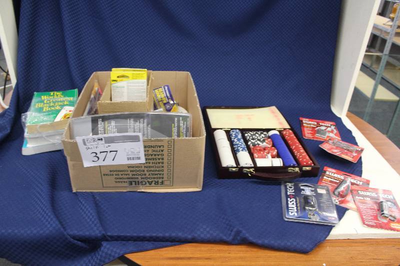 Blackjack books and CD, smoke detector, 5 pieces of Swiss Tech bodyguard accessories, poker chips in case, and more