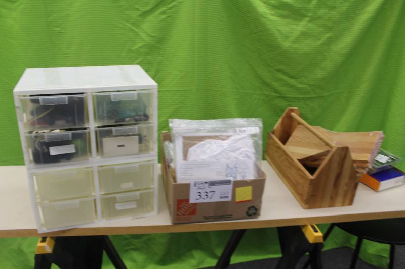 Post-Op garments new in package,picture hanging equipment,2 four bin organizers wcontents, 250GB external hard drive