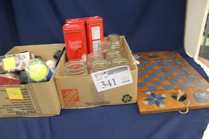 Travelers electric converter kit, baseballs, mason jars, vintage draw poker game