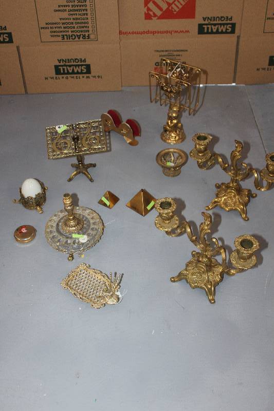 2 vintage cast brass candle holders and misc. brass vanity pieces