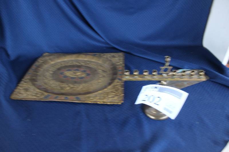 Copper table sweeps,  Minora, and large brass hanging