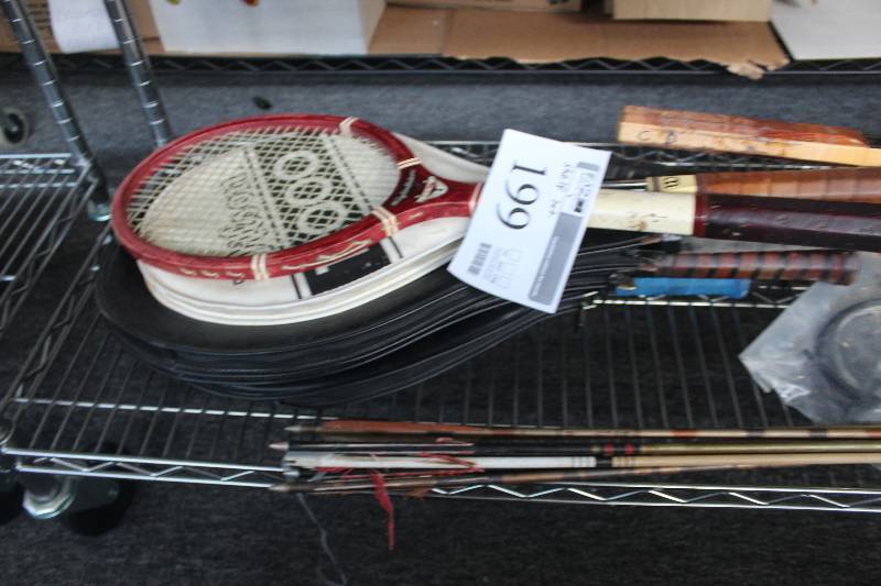 Tennis rackets 1 is graphite, 4 are vintage wood, 1 graphite racquetball racket.