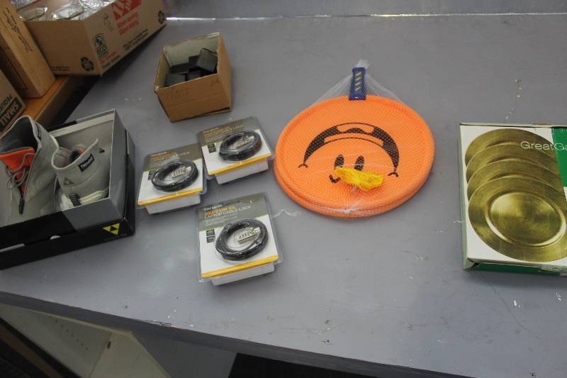 Computer locks, slightly used x country ski boots, gold chargers
