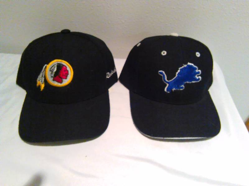 lot 53 image: NFL Football hats, Detroit Lions, Washington Red Skins