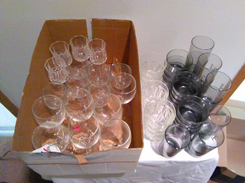 lot 114 image: Vintage Clear Glass Stemware and H Monogram (47 total pieces)