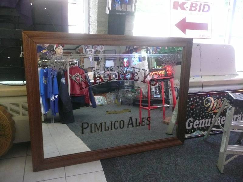 lot 4 image: WATNEYS PIMLICO ALES ETCHED MIRROR WITH HEAVY WOOD FRAME LARGE - APPROX 56IN WIDE BY 42IN HIGH
