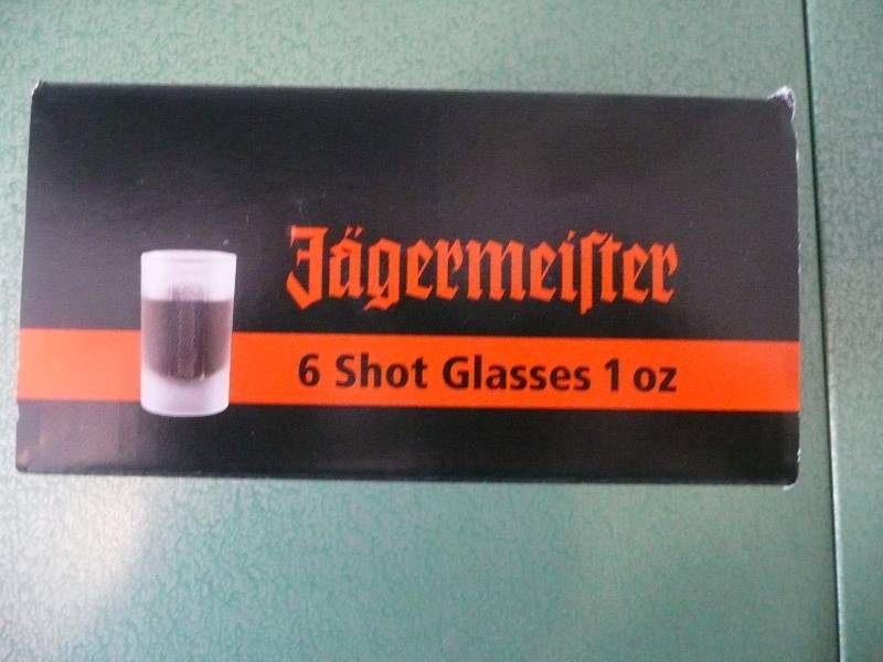 lot 19 image: NEW SET OF JAGERMEISTER SHOT GLASSES & USED TIN