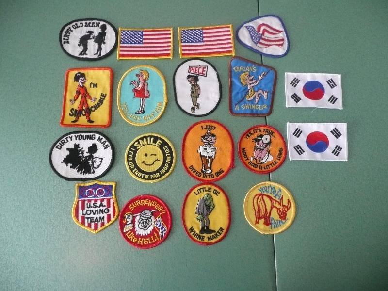 lot 31 image: GROUP OF VINTAGE FUNNY AND UNIQUE PATCHES 1970s era (DONT SEE THESE ANYMORE)