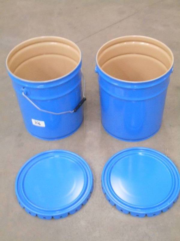 lot 106 image: (2) Unused Lidded 5-Gallon Steel Pa...