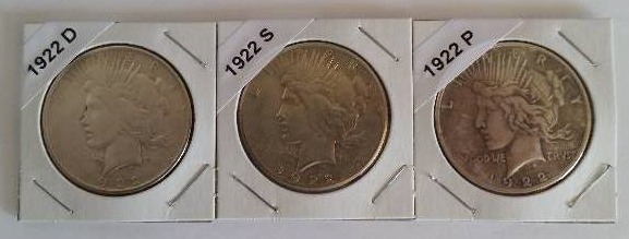 (3) 1922 Silver Peace Dollars (Philadelphia, San Francisco and Denver) Own All Three Peace Dollars from 1922