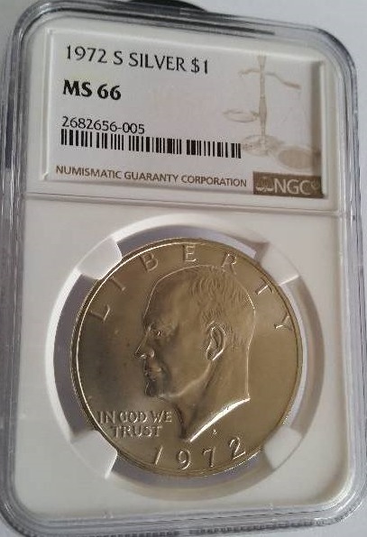 NGC Certified 1972-S (San Francisco Mint) Eisenhower Silver Dollar in Mint State MS66 Condition