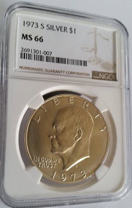 NGC Certified 1973-S (San Francisco Mint) Eisenhower Silver Dollar in Mint State MS66 Condition