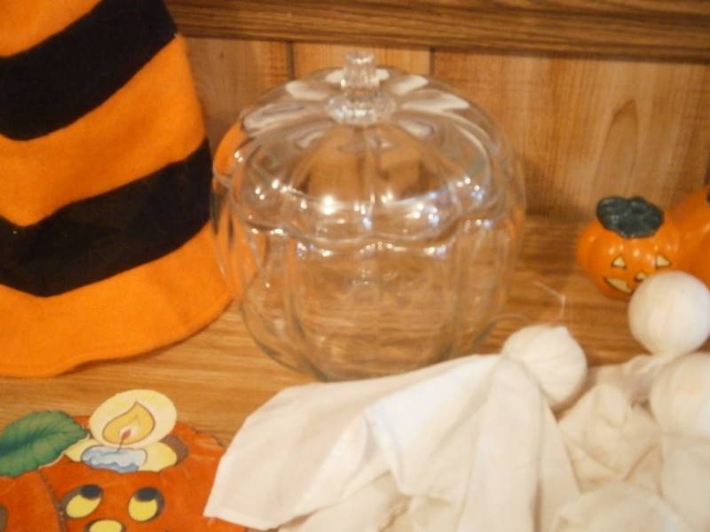 Glass Pumpkin Candy Dish & Misc. Decorations