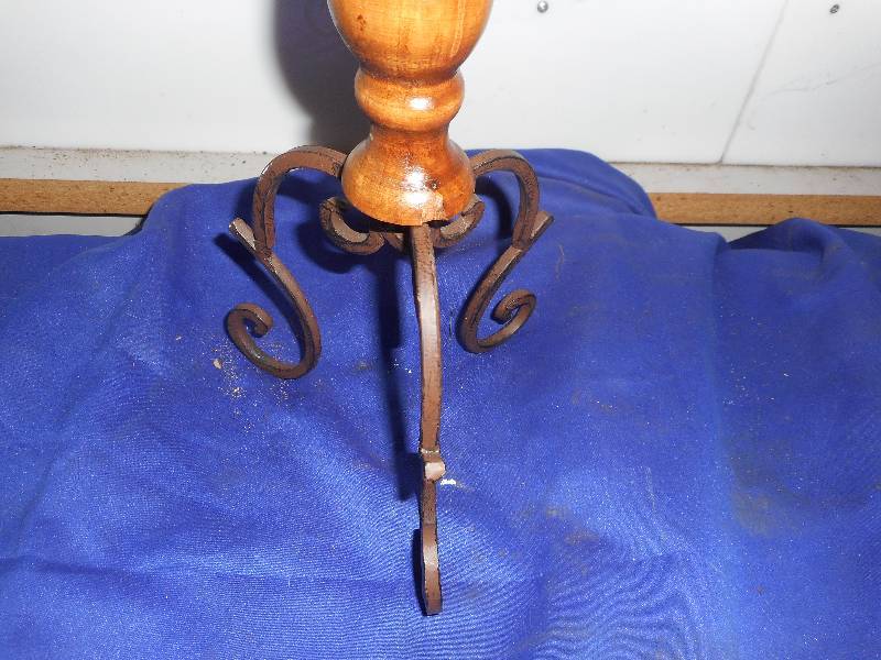lot 58 image: VINTAGE CASR IRON AND WOOD CANDLE HOLDER