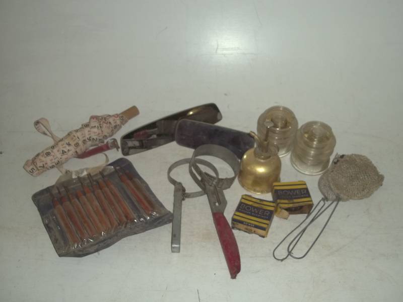 lot 78 image: Vintage wood chisel, rear view mirrors, insulators, minnow nets and more