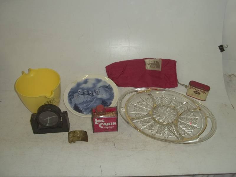 lot 215 image: Variety vintage tins, serving plate belt buckle and more
