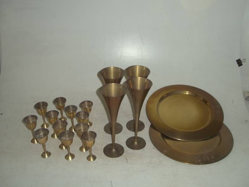 lot 287 image: Collection of brass sipping glasses, flutes and plates