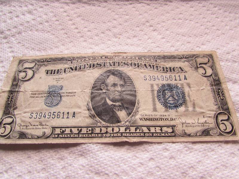 1934 D 5 DOLLAR BLUE SEAL SILVER CE...