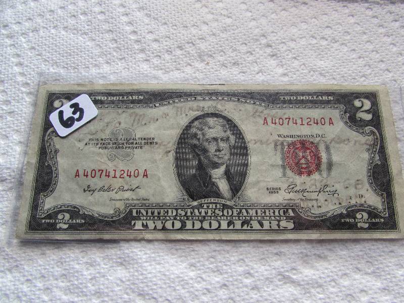 1953 RED SEAL 2 DOLLAR BILL, HAS WR...