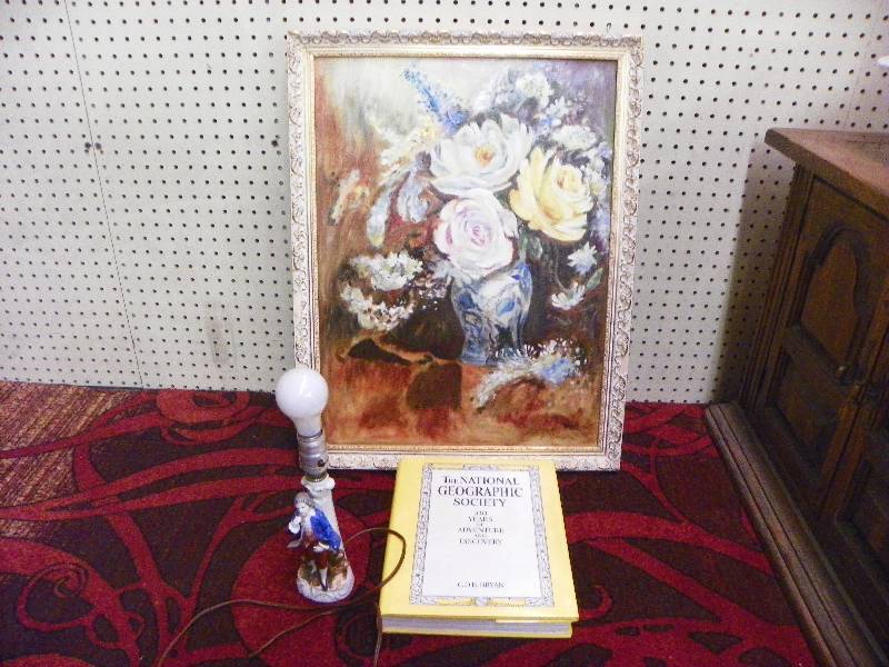 lot 141 image: Framed floral painting, small lamp (cord has no end) and book