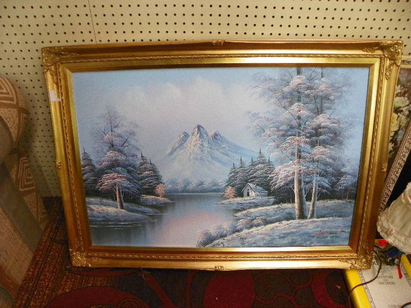 lot 149 image: Framed winter scene picture, signed N Perry and framed floral picture