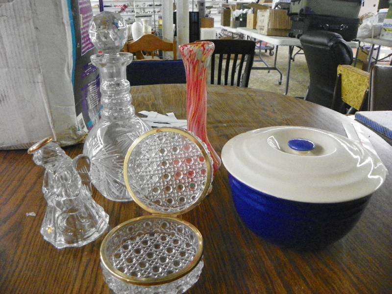 lot 153 image: vase, glass angel, glass decanter, glass trinket box, serving bowl with lid