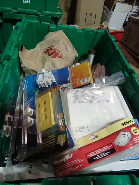 NEW LOT ENTIRE BIN incl. Holmes Air Purifier Filters, Shop vac Filters, Brass Hinges,Lighting Timers, Steel Conduit 90 degree bends and much more. Green Bin Not Included