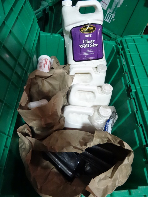 NEW LOT ENTIRE BIN incl. 4 gallons wallpaper sizing, Steel Conduit Fittings, Plastic Barbed Connectors, MUCH MORE. Gree Bin Not Included