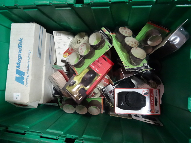 NEW Lot ENTIRE BIN incl. Qty 3 Magnetec Ballasts, Sanding Discs, Garden Sprinklers, Steel Pipe and Conduit Fittings, Cell Phone Holsters and Accessories, telephone Wire and Accessories MUCH MORE. Gree Bin Not Included