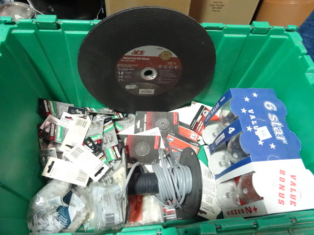 NEW Lot ENTIRE BIN incl. Grinding Wheels, qty 2 14 in Grinding Wheels, 6 Pack Glasses, Qty 3 Wallpaper Border Paste, Car Headlamps, Small Light Bulbs, MUCH MORE. Gree Bin Not Included