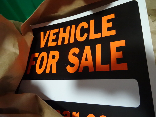 NEW LOT ENTIRE BIN Vehicle For Sale Signs est 100 pcs. Green Bin Not Included