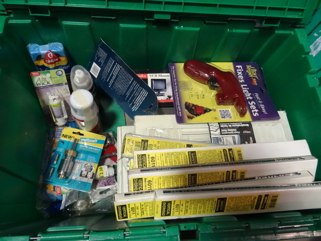 NEW LOT ENTIRE BIN Cam Locks, Vent Covers, Qty 6 boxes 6011 Welding Rods, VCRDVDCable Box Mount, Glade Air Freshener MUCH MORE. Green Bin Not Included