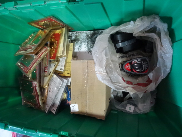 NEW LOT ENTIRE BIN approx 20 Brass Hinges, Flashlight Bulbs, Xmas Tree Stand, Shoe Shine Kits, Rust Oleum Leveling Addative, Stick and Click Lights MUCH MORE. Green Bin Not Included
