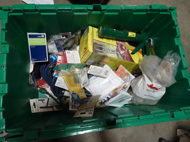 NEW LOT ENTIRE BIN AV Cables, Stud Finder, Electrical Outlets, Mole Trap, Caulk Gun  MUCH MORE. Green Bin Not Included
