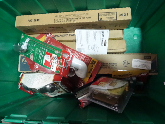 NEW LOT ENTIRE BIN incl. Qty 6 Lithonia Fluorescent Light Fixtures, Door Locks and Security Devices, Plkumbing Parts  MUCH MORE. Green Bin Not Included