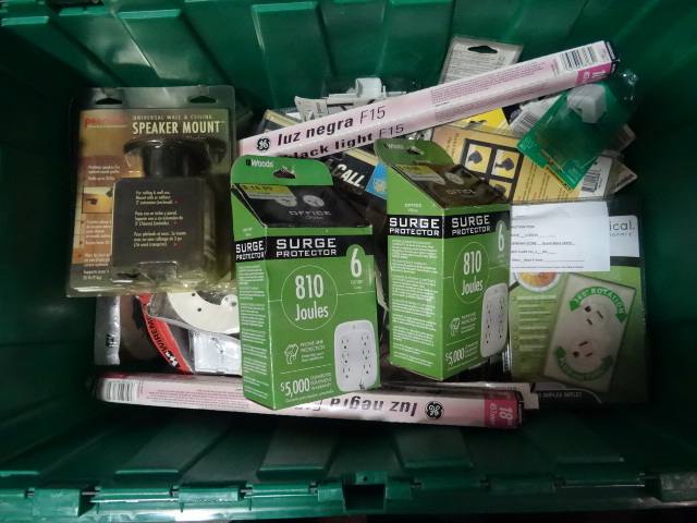NEW LOT ENTIRE BIN Electrical incl. Surge Supressors, Speaker Mounts, Electrical Outlets and SO  MUCH MORE. Green Bin Not Included