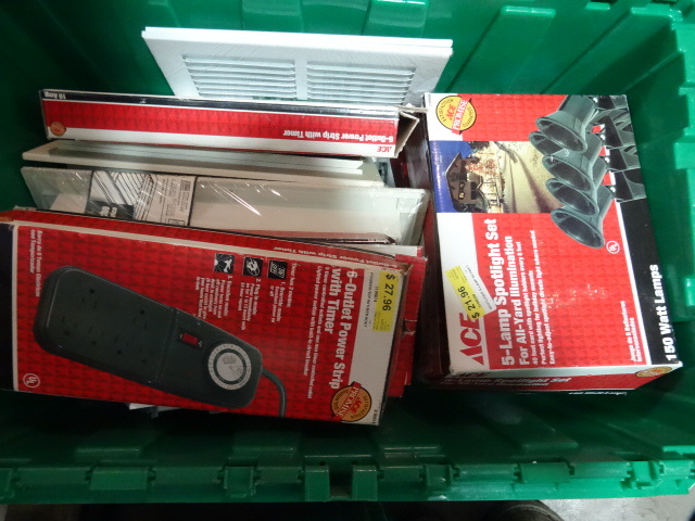 NEW LOT ENTIRE BIN Incl. Outdoor Power STRIPS, oUTDOOR sPOTLIGHT sET, vENT dEFLECTORS  MUCH MORE. Green Bin Not Included