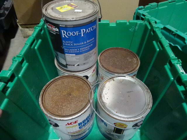 NEW LOT ENTIRE BIN Qty 6 Gallons Roof Coating and Roof Patch. Green Bin Not Included