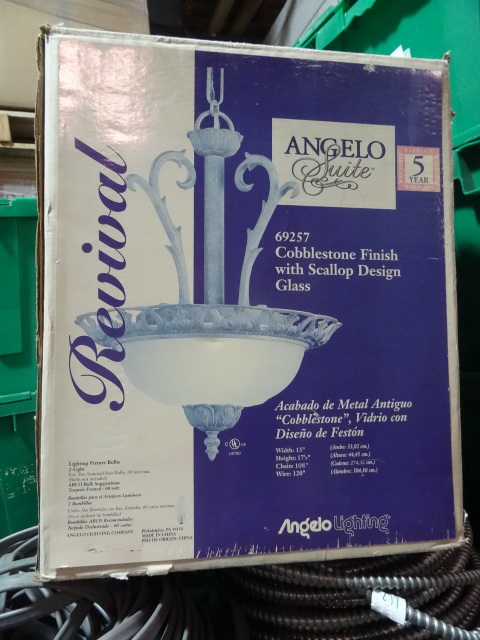 NEW Angelo Light Fixture Chandelier Revival Style with Cobblestone Finish and Scalloped Glass