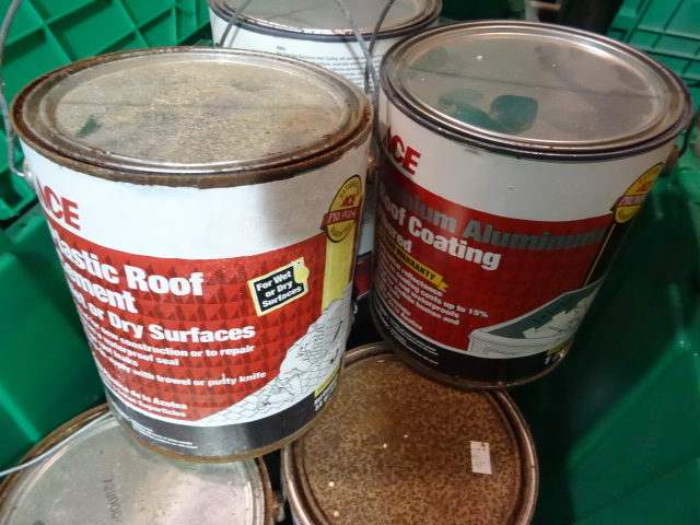 NEW LOT ENTIRE BIN Qty 6 Gallons Roof Coating and Qty 2 Gallons Roof Cement. Green Bin Not Included