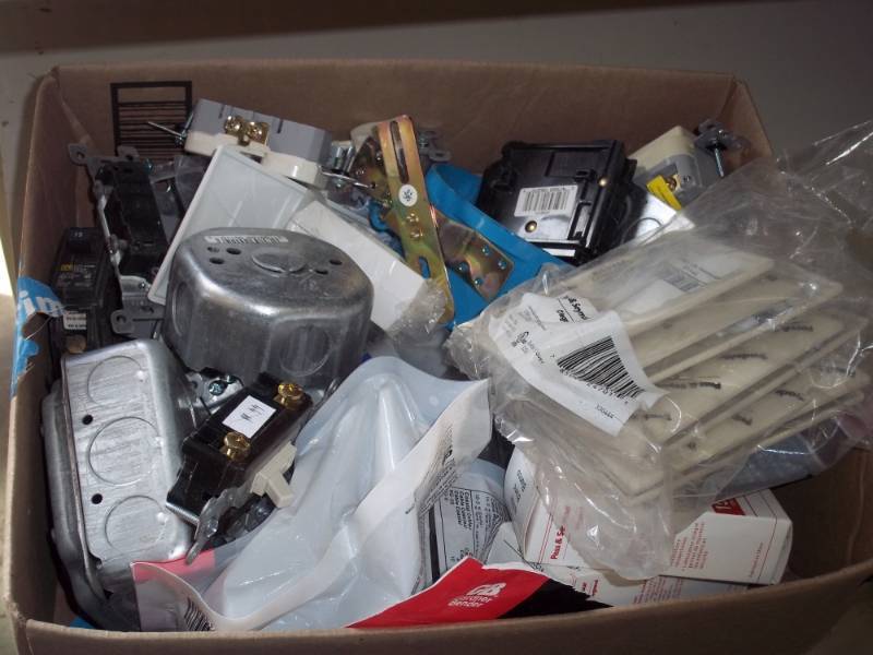 Box of electrical parts and pieces and supplies