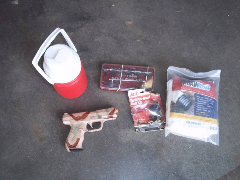 Crossman P9 air soft gun, craftsman wood bits, filtration fabric, toilet bowl kit and 10 drinking cooler