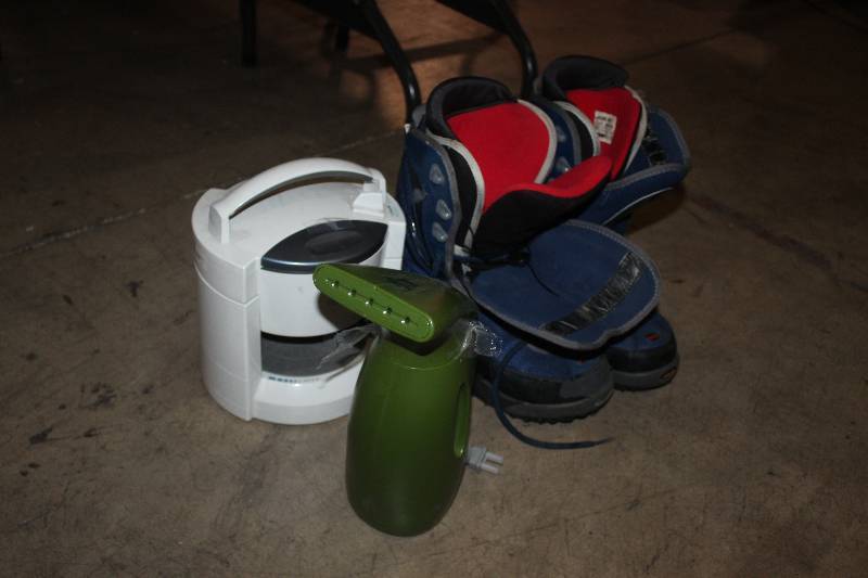 lot 78 image: Lot of Household Appliances, Sporting Equipment Including Jar Opener, Steamer, Size 11 Ski Boots