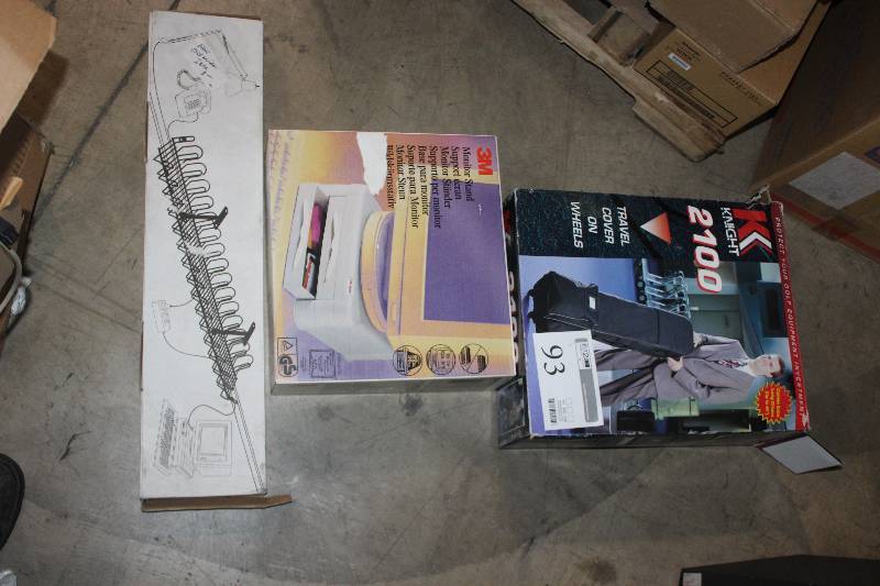 lot 93 image: Lot Including Cable Caddy, 3M Monitor Stand, Knight 2100 Golf Club Travel Cover On Wheels