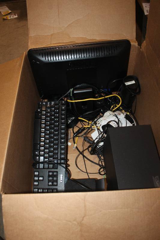 lot 120 image: Box Lot of Computer Equipment Including Keyboard, RCA Monitor, Philips 2.1 Stereo Speaker System, HP vs15 Monitor