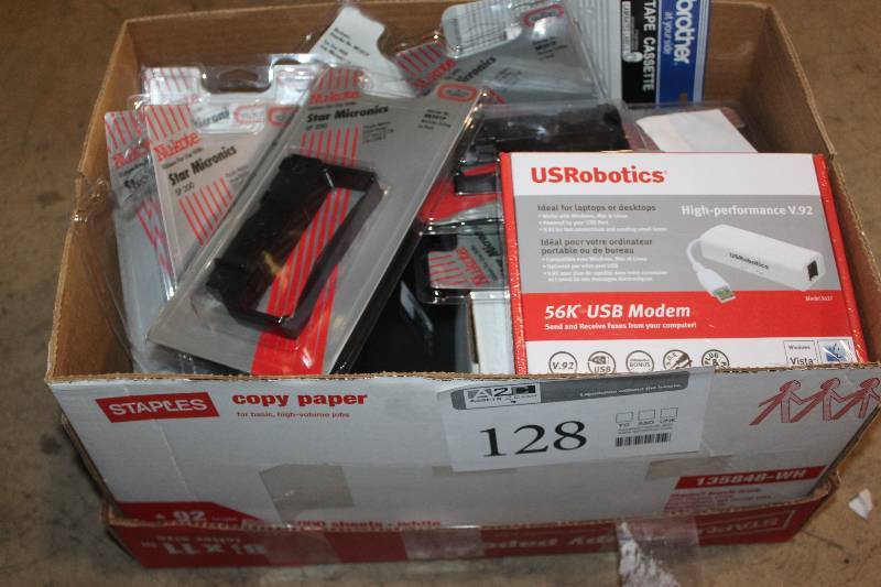 lot 128 image: Box Lot of Electronics Including US Robotics 56K USB Modem, Nukote Star Micronics, Iomega Zip Drive