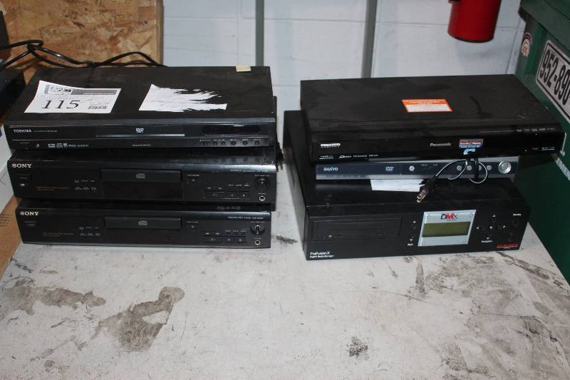 lot 115 image: Lot of (6) Electronics Including 2) Sony High Density Linear Converter, Compact Disc Player CDP-XE400 AND 1) Toshiba DVD Video Player SD-1800 AND 1) Panasonic AND 1) Sanyo DVD Video Player AND 1) DMX ProFusion Digital Media Manager